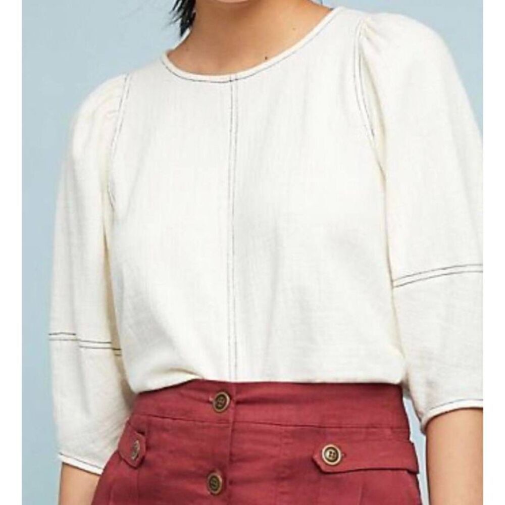 Anthropologie Current Air Woven Cotton Cream Puff Sleeve Button Back Blouse